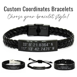Custom Coordinates Bracelet Personalized Location Engraved Black Bracelet Gift for Anniversary Boyfriend Couples Gift