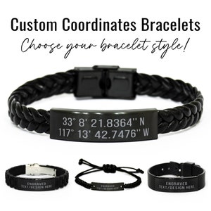 May include: Three black bracelets with engraved plates. The top bracelet is a braided leather bracelet with a plate engraved with coordinates: 33° 8' 21.8364" N 117° 13' 42.7476" W. The middle bracelet is a black braided cord bracelet with a plate that says "ENGRAVED TEXT/DESIGN HERE". The bottom bracelet is a black metal bracelet with a plate that says "ENGRAVED TEXT/DESIGN HERE".