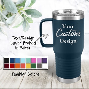 Custom Personalized 20 Ounce Travel Tumbler Etched Metallic Silver Engraved Stainless Steel Insulated Polar Camel Cup Gift with Handle