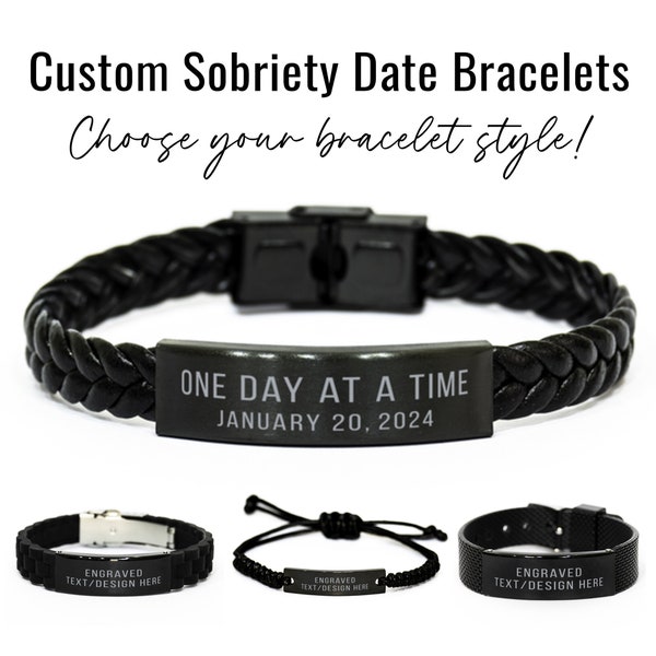 Custom Sobriety Date Bracelet Personalized Engraved Black Bracelet Gift for Him Men "One Day at a Time" for Recovery