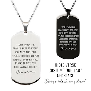 Custom Bible Verse Dog Tag Necklace Personalized Silver or Black Engraved Necklace with Ball Style Chain Gift for Men Him