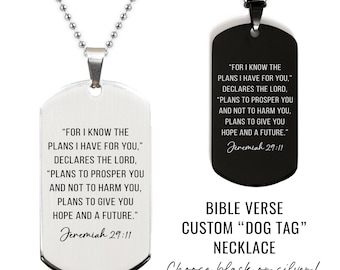 Custom Bible Verse Dog Tag Necklace Personalized Silver or Black Engraved Necklace with Ball Style Chain Gift for Men Him
