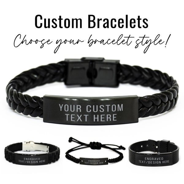 Personalized Bracelet with Favorite Text Quote Saying Custom Engraved Bracelet with Customized Text Black Bracelet Gift for Him Men