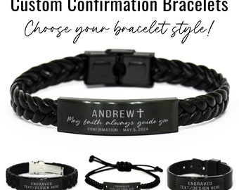 Custom Gift for Confirmation Personalized Engraved Bracelet Black Braided Leather Rope Bracelet Confirmation Gift for Boys