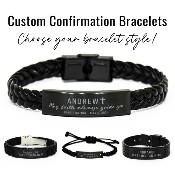 Custom Gift for Confirmation Personalized Engraved Bracelet Black Braided Leather Rope Bracelet Confirmation Gift for Boys