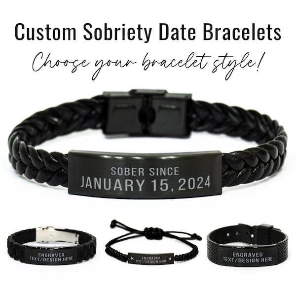 Custom Sobriety Date Bracelet Personalized Engraved Black Bracelet Gift for Him Men "Sober Since" for Recovery