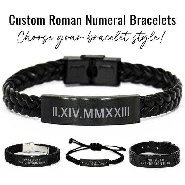 Personalized Bracelet with Custom Engraved Roman Numeral Date Bracelet Black Bracelet Gift for Men