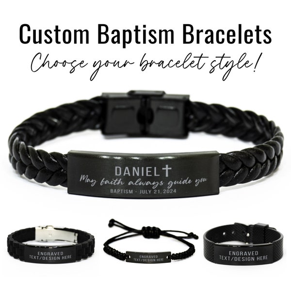 Custom Gift for Baptism Personalized Engraved Bracelet Black Rope Bracelet Gift for Boys Gift for Men