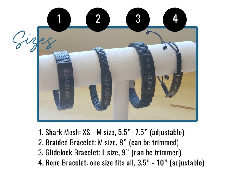 May include: Four different styles of black bracelets with adjustable sizing. The bracelets are displayed on a white stand. The bracelets have a silver plate with the text "YOUR TEXT HERE" engraved on them.  The bracelets are numbered 1 through 4.