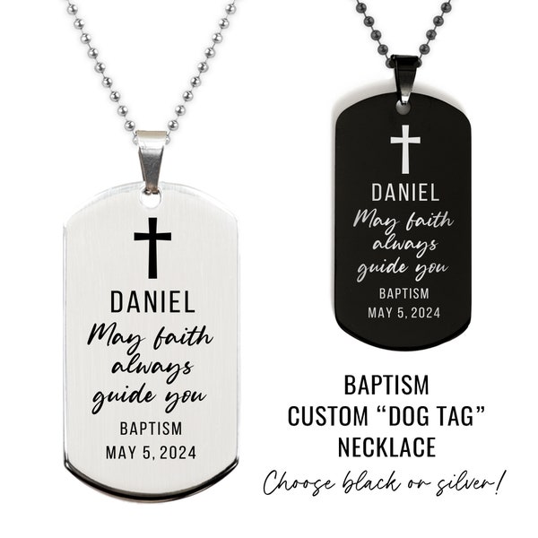 Custom Gift for Baptism Personalized Silver or Black Engraved Dog Tag Necklace with Ball Style Chain Gift for Boys Gift for Men Gift for Him