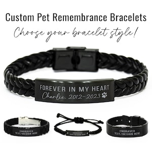 Custom Pet Remembrance Bracelet in Memory of Personalized Engraved Memorial Bracelet Black Bracelet Loss of Dog Cat Pet Gift