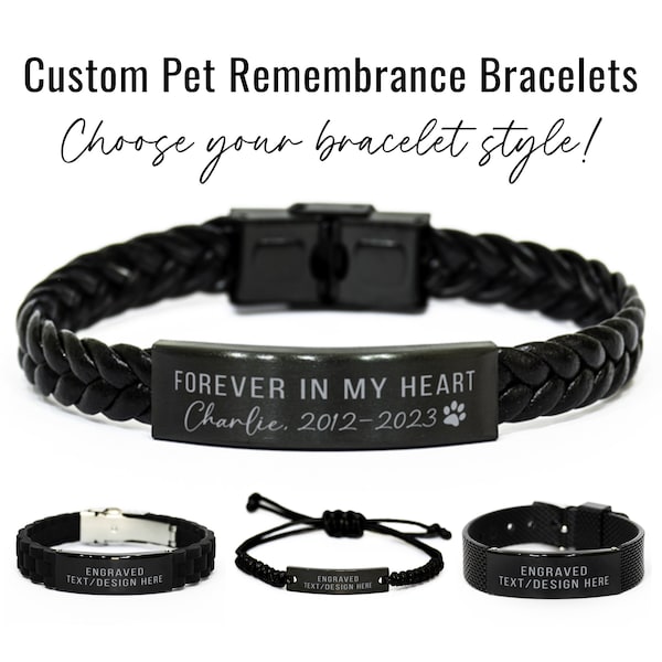 Custom Pet Remembrance Bracelet in Memory of Personalized Engraved Memorial Bracelet Black Bracelet Loss of Dog Cat Pet Gift