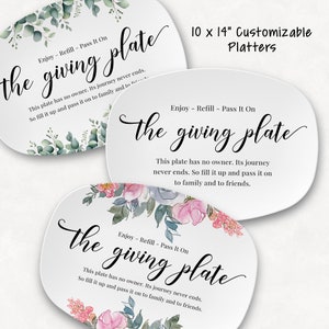 May include: Three white oval ceramic platters with a floral design and the text "Enjoy - Refill - Pass It On the giving plate" and "This plate has no owner. Its journey never ends. So fill it up and pass it on to family and to friends." The platters are 10 inches by 14 inches.