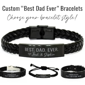 Custom Gift for Dad Bracelet “Best Dad Ever” with Kids’ Names Personalized Engraved Bracelet Black Bracelet Father’s Day Gift Idea