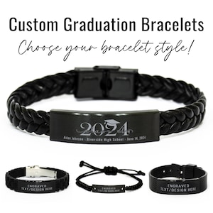 Custom Gift for Graduation Bracelet "Class of 2024" Personalized Engraved Black Bracelet Graduation Gift for Boy Teen Men Graduate Gift