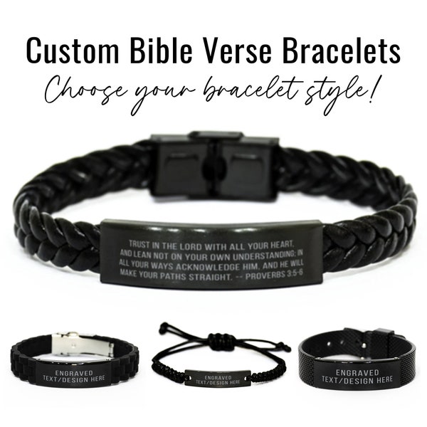 Personalized Bible Verse Bracelet Custom Engraved Scripture Bracelet Black Bracelet Gift for Him Men Christian