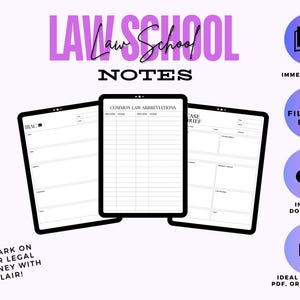 May include: Four printable PDF templates for law school notes. The templates include sections for IRAC, common law abbreviations, and case briefs. The text "LAW SCHOOL NOTES" is at the top of the image.