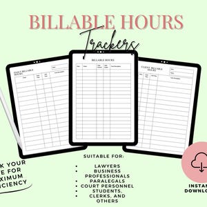 Puede incluir: Tres páginas de planificador digital imprimibles para realizar un seguimiento de las horas facturables. Las páginas se titulan "Horas facturables diarias", "Horas facturables" y "Horas facturables del cliente". Las páginas están diseñadas para abogados, profesionales de negocios, asistentes legales, personal de la corte, estudiantes, empleados y otros.