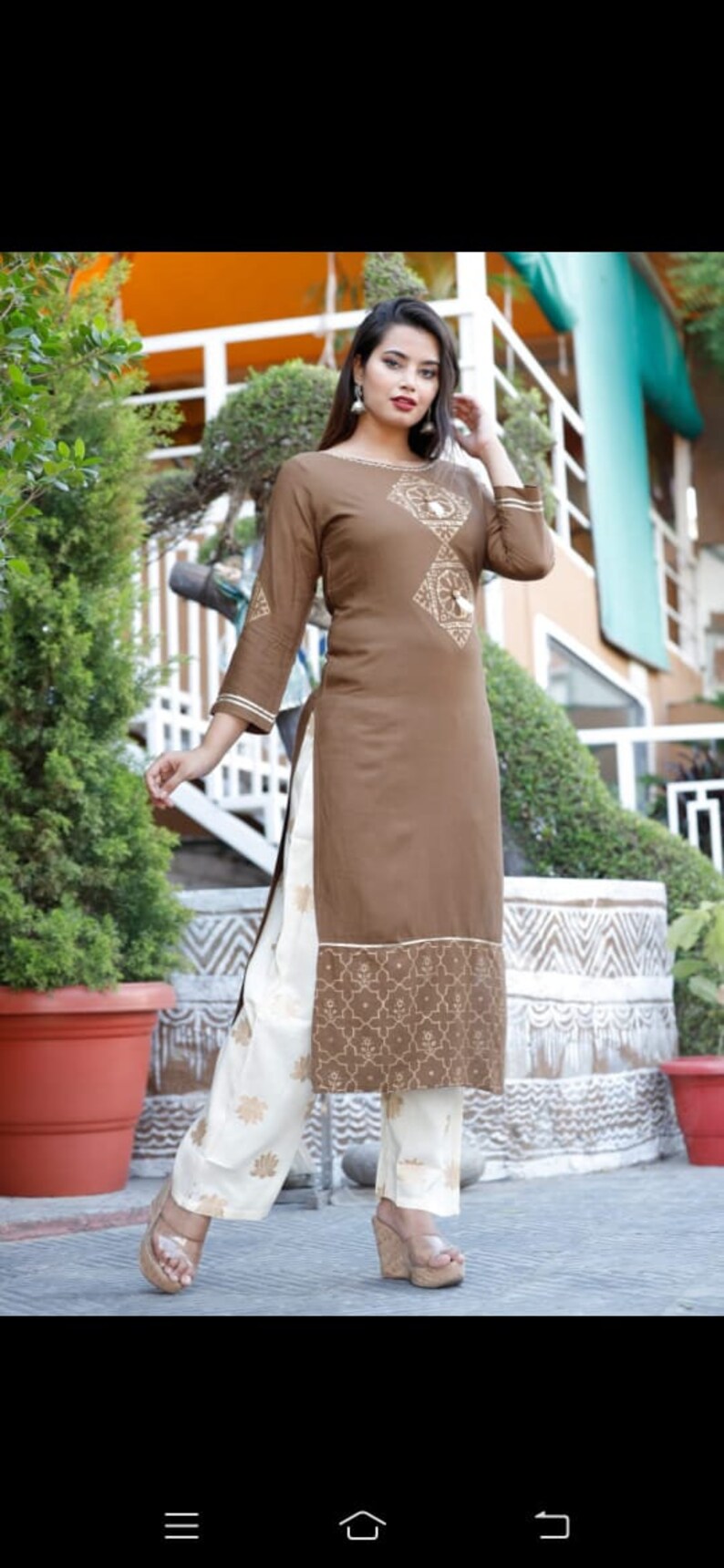 Heavy Fabric Reyon Kurti With Plazzo Kurti And Plazzo Gift For Her Brown Color Indian Dress,Beautiful Kurti And Plazzo Anniversary Suits