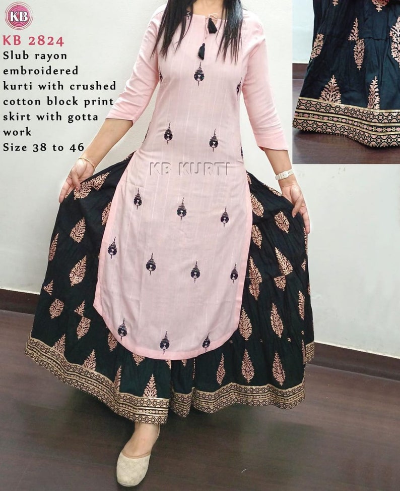 Kurti Casual wear Dress Beautiful Reyon Dori Work On Neck Kurti And Lace Beauti Ful Design Skirt Latest design Reyon Kurti With Skirt