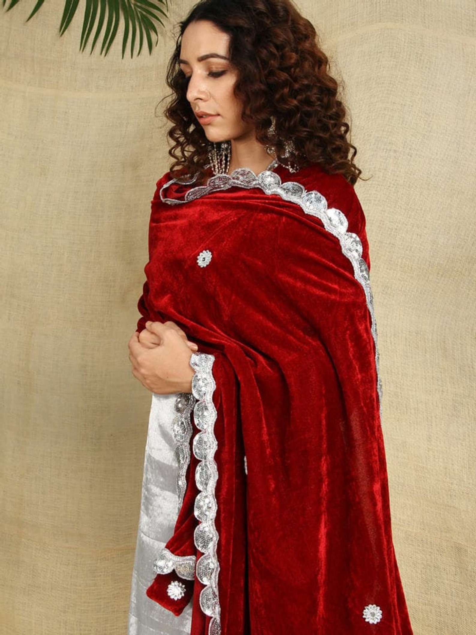 SHADES Red Velvet Shawl With Beautiful Laces All Over And Etsy