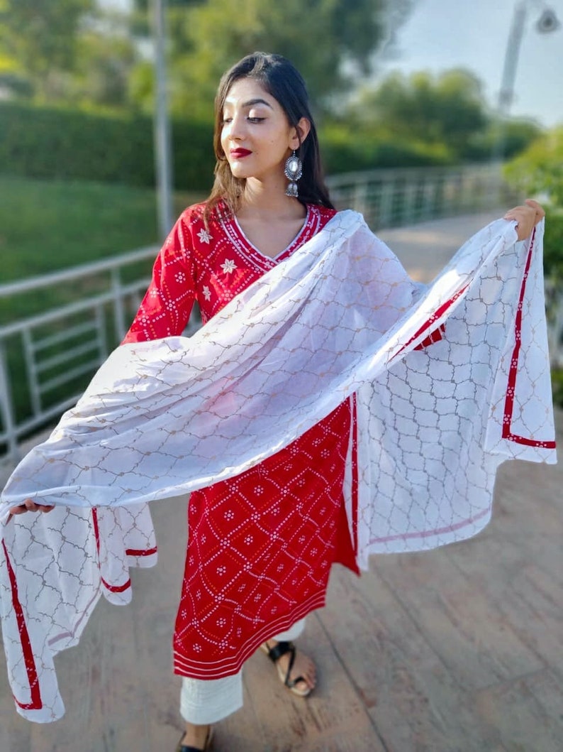 New Launch Karwa Chauth Special Dress FOr Women Our new Ethnic suit is all set to perk up your wardrobe this season Bandhej Red kurti