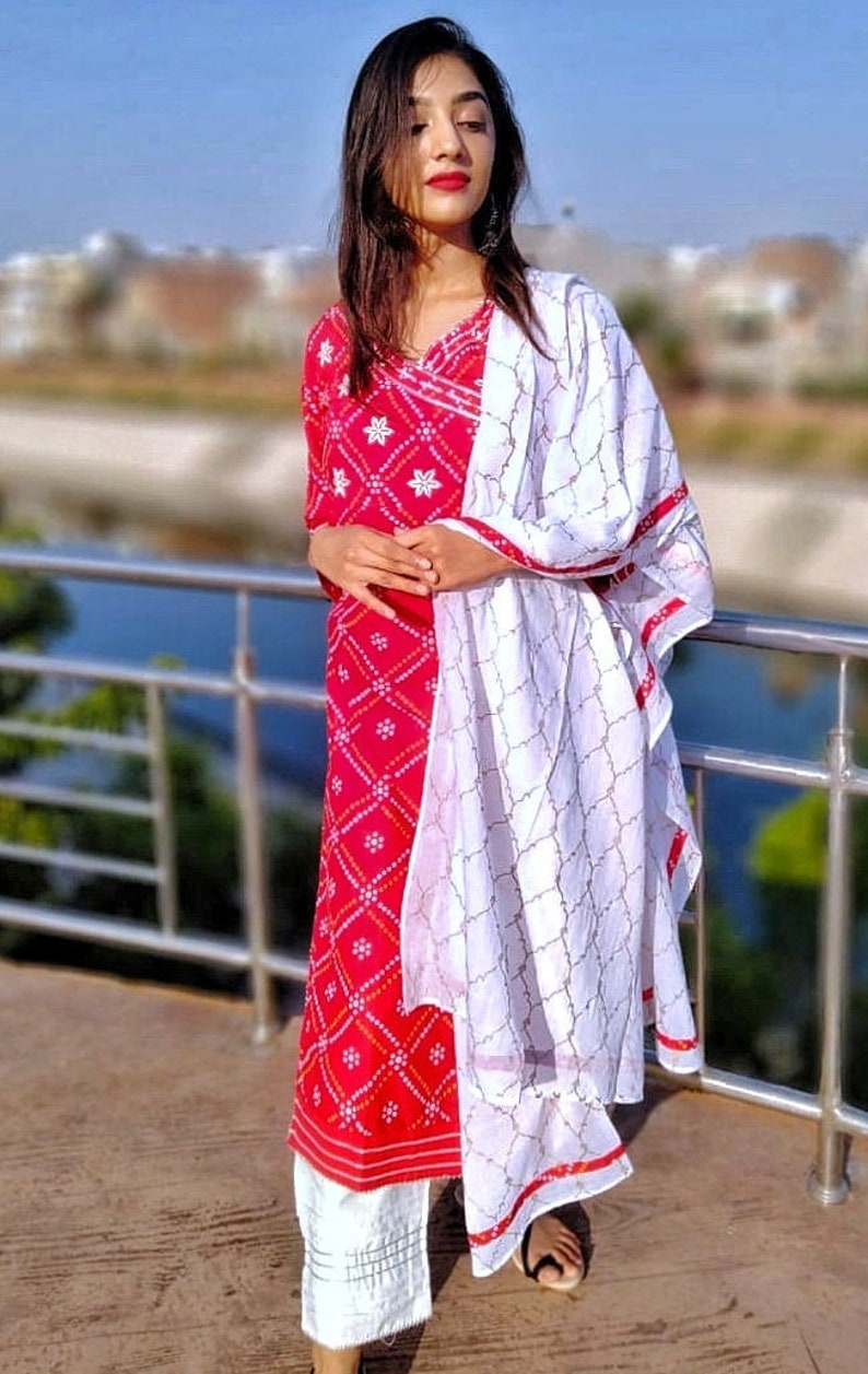 New Launch Karwa Chauth Special Dress FOr Women Our new Ethnic suit is all set to perk up your wardrobe this season Bandhej Red kurti