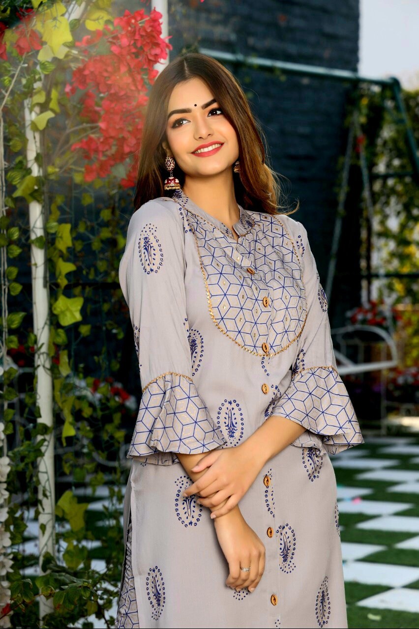 Bell sleeves printed kurti with pant. Wodden buttons with Etsy