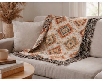 Manta tejida con rombos tribales bohemios / Manta terrosa color óxido terroso