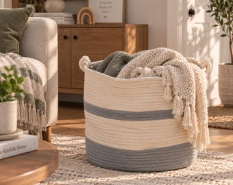 Cotton Rope Storage Basket, Gray & White Striped Nursery Organizer, Large Woven Toy Bin, Blanket Basket, Boho Coastal Home Decor Gift