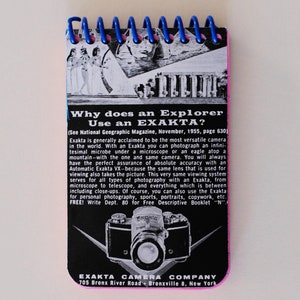May include: A black and white advertisement for the Exakta camera. The ad features a photo of a camera with the text "Why does an Explorer Use an EXAKTA?" and "Exakta Camera Company 705 Bronx River Road Bronxville 8, New York".