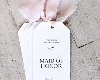 Letreros personalizados para sillas reservadas en bodas, papelería artesanal para la ceremonia, detalles de cinta de gasa.
