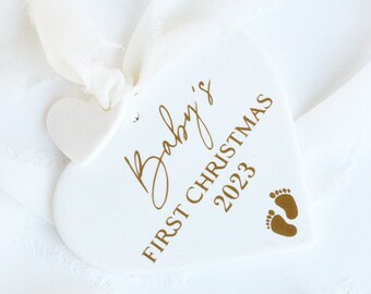 Personalized Ceramic Heart Ornament, Baby's First Christmas Keepsake Gift