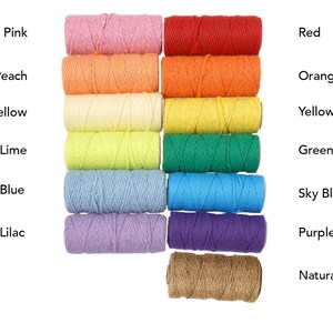 May include: A collection of colorful twine spools in various shades, including pink, red, orange, yellow, green, blue, and purple. The image also includes pale yellow, peach, lime, sky blue, lilac, and natural twine. Text labels identify each color.
