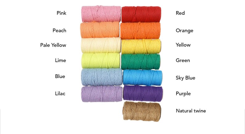 May include: A collection of colorful twine spools in various shades, including pink, red, orange, yellow, green, blue, and purple. The image also includes pale yellow, peach, lime, sky blue, lilac, and natural twine. Text labels identify each color.