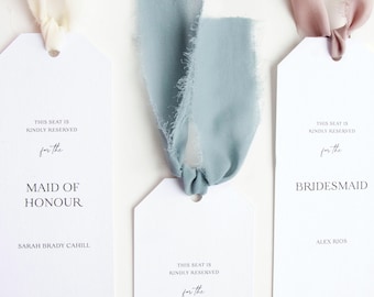 Reserved seating name tags for wedding ceremony | printed with chiffon ribbon
