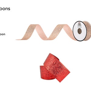 May include: The image displays two types of Christmas ribbons. A rose gold glitter ribbon is unrolled, and a roll of the same ribbon is visible. A red glitter ribbon is also shown, rolled up. The text "Christmas Ribbons" is at the top.