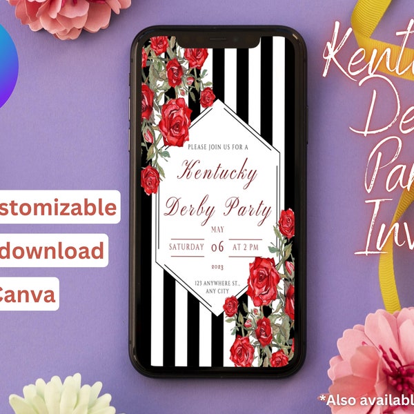 Kentucky Derby Party Digital Invitation, Instant Download on Canva, Custom Template Invite, Brunch Party Event, Black & White Stripes, Roses