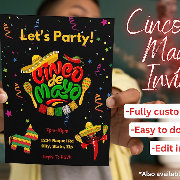 Cinco de Mayo Party Flyer Invitation Template, Instant Digital Download, Editable Virtual Invite, Canva Party Fiesta Template, Bright Colors