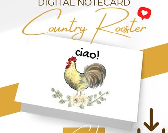 Digital Notecard template: Ciao Country Rooster, hand drawn Italian rooster, stationery