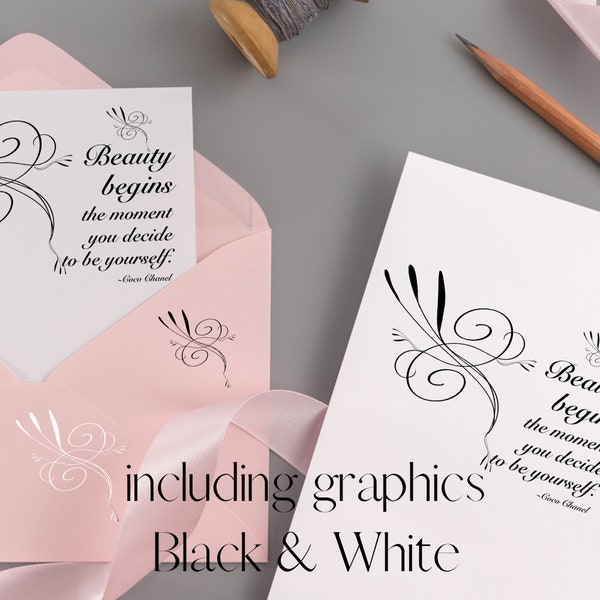 Digital Notecard template: Beauty Begins Classic Coco Chanel stationery and quote