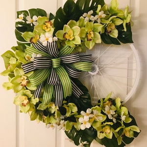 Tropical spring summer or everyday wreath, bicycle rim with floral and greenery, door hanger, wall hanging, housewarming or hostess gift