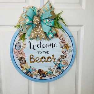 Beach Welcome Door Hanger,  Nautical Summer Wreath, Coastal Front Door Decor, Round Ocean Sign, Beach House Wall Hanging, beach decoration