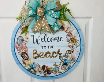 Beach Welcome Door Hanger, Coastal Nautical Wreath