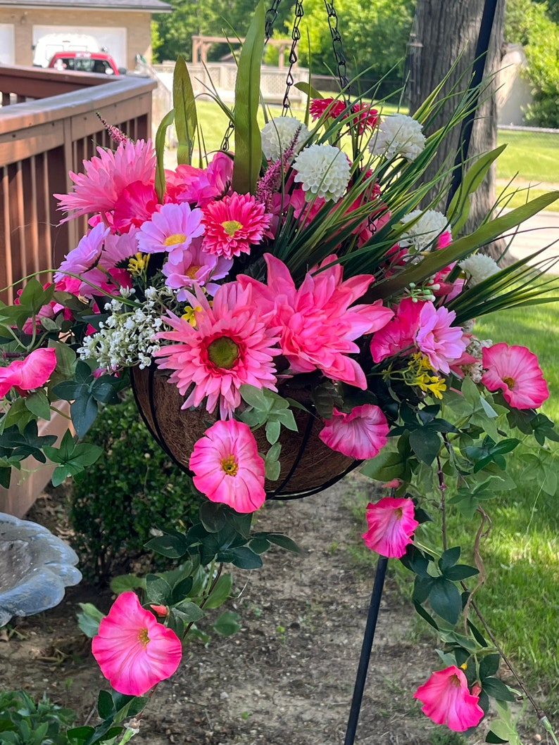 Hanging Pink and White Artificial Floral Basket, Morning Glories