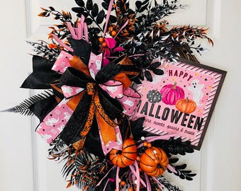 Pink Halloween Wreath, Pumpkins, Glitter Ferns, Bootiful Bow
