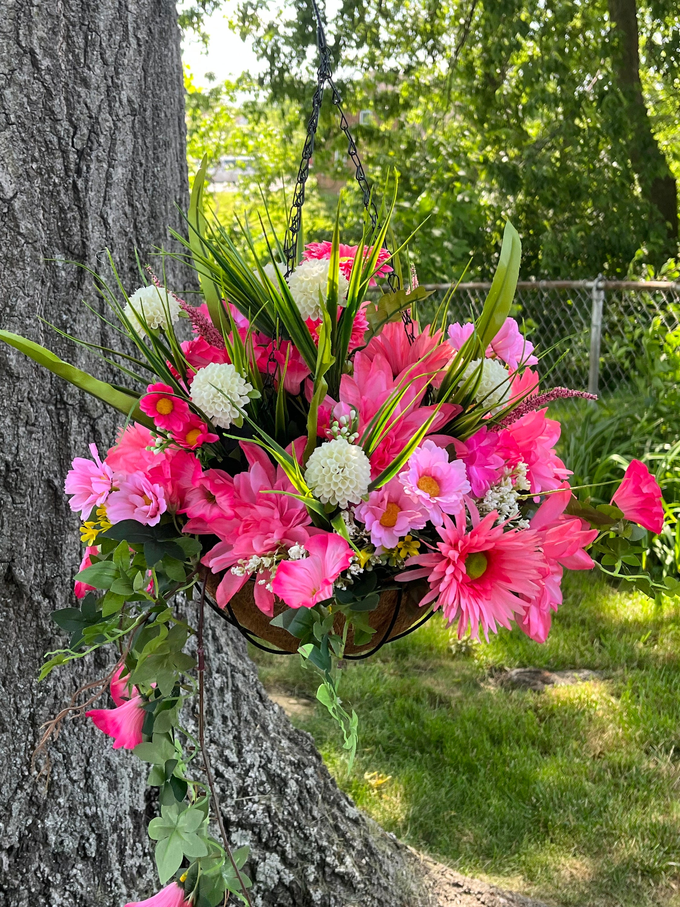 Hanging Pink and White Artificial Floral Basket, Morning Glories