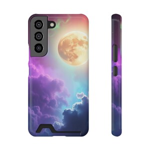 Estuche para teléfono con tarjetero y diseño de luna llena: billetera para teléfono con diseño lunar, tarjetero con diseño de cielo nocturno, estuche para iPhone con diseño de fase lunar, tarjetero Galaxy