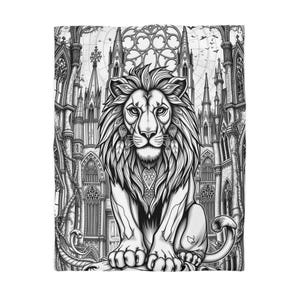 May include: Black and white illustration of a lion sitting in front of a gothic cathedral. The lion has a detailed mane and intricate patterns on its body.