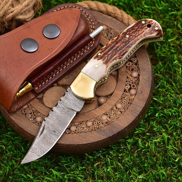 Damascus Pocket Knife, 6.5'' Damascus Folding Knife, Deer Stag Horn Handle Groomsmen Knife, Groomsmen Gifts, Gift for Husband EDC